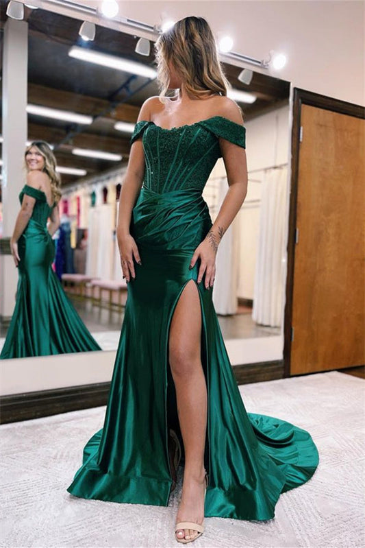 Long Off The Shoulder Mermaid Satin Lace Evening Prom Dress with Split