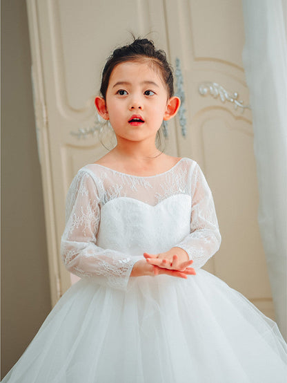 Long Sleeve Flower Girl Dress with Lace Tulle and Bows Belt