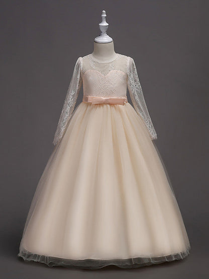 Long Sleeve Jewel Neck Lace Satin Tulle Flower Girl Dress with Lace Belt