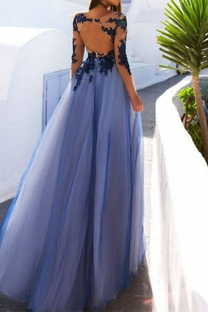 Long Sleeves Tulle Prom Dress Jewel Neck Navy Blue Aline Evening Dress
