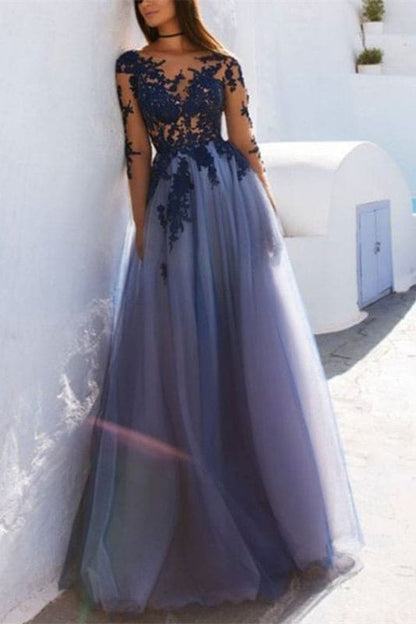 Long Sleeves Tulle Prom Dress Jewel Neck Navy Blue Aline Evening Dress