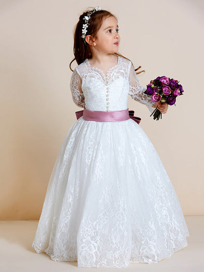 Long Sleeve V Neck Ball Gown with Lace Tulle Ribbon Bow and Lace Sash for Flower Girl Dress