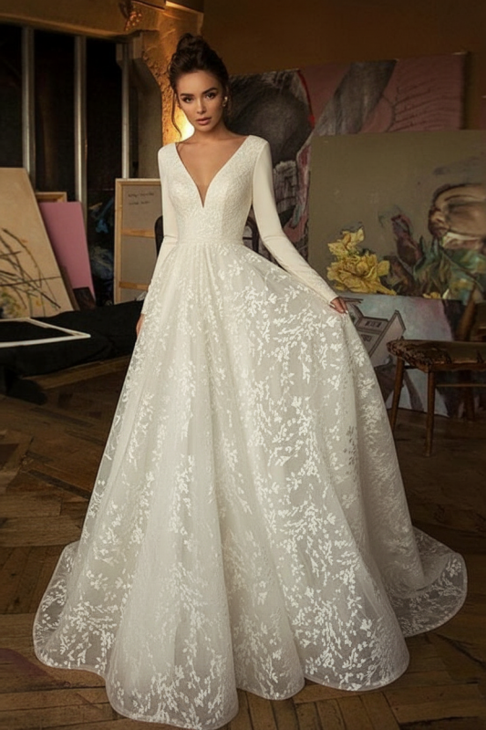 Long Sleeve V-neck Boho Bridal Gowns Backless Lace Wedding Dress CPS1843