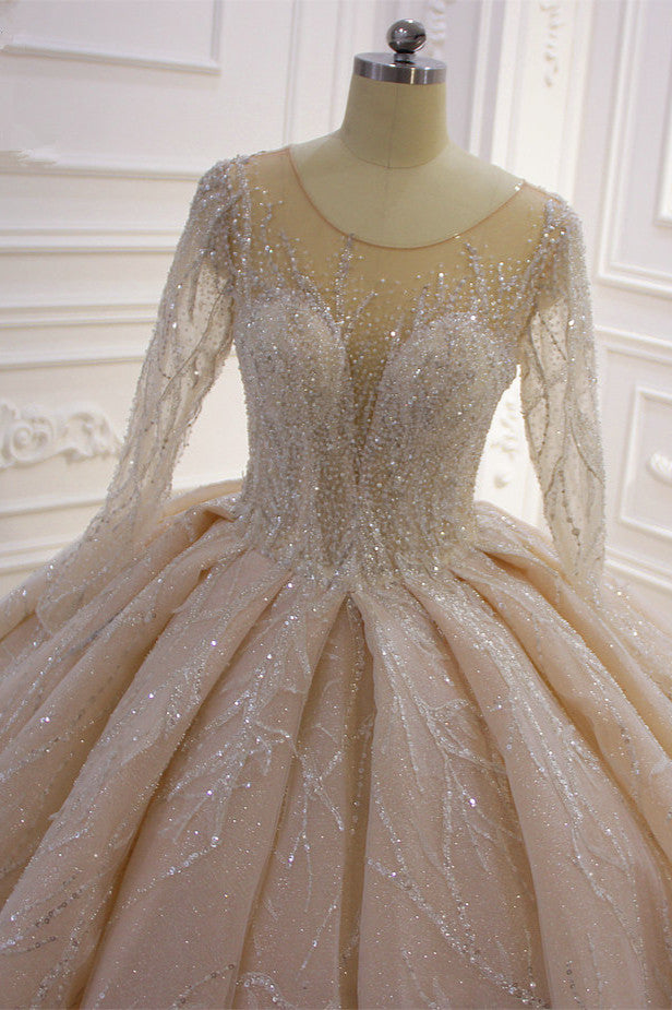 Long Sleeves Ball Gown Wedding Dress with Ruffles - Amazing Bateau