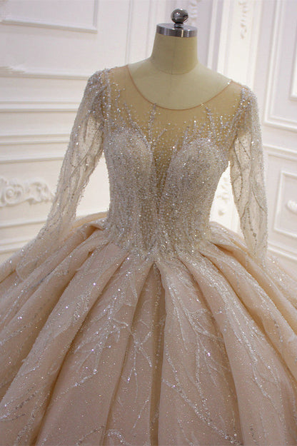 Long Sleeves Ball Gown Wedding Dress with Ruffles - Amazing Bateau