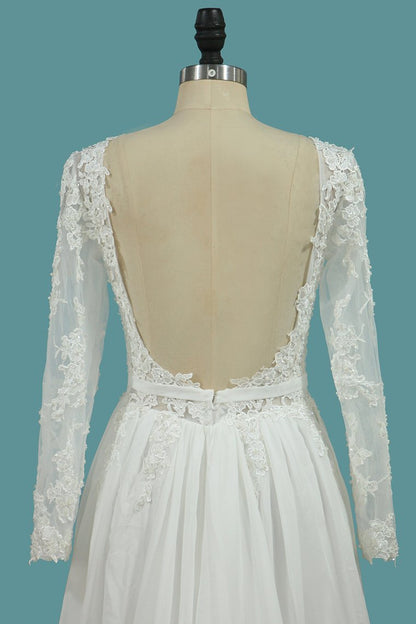 Long Sleeves Bateau Chiffon Wedding Dress With Ruffles
