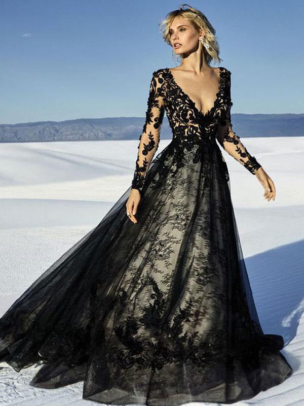 Long Sleeves Black Wedding Dresses Lace Princess Court Train Bridal Gown