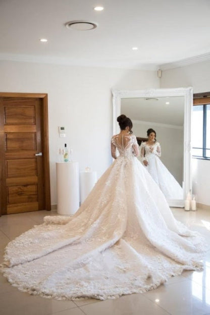 Luxury Long Sleeve Lace Wedding Dress | V-Neck Bridal Gown with Chapel Train