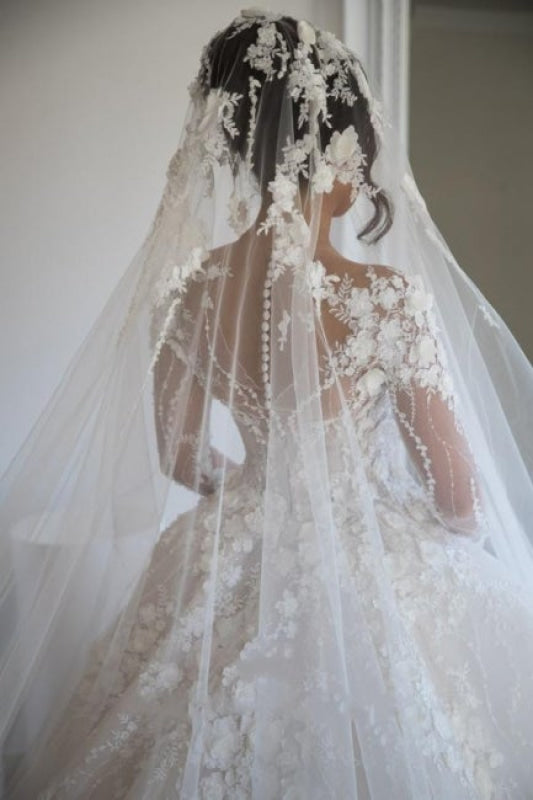 Luxury Long Sleeve Lace Wedding Dress | V-Neck Bridal Gown with Chapel Train