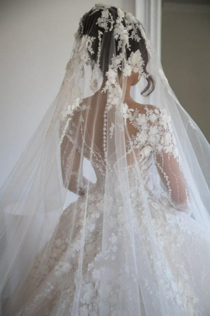 Luxury Long Sleeve Lace Wedding Dress | V-Neck Bridal Gown with Chapel Train