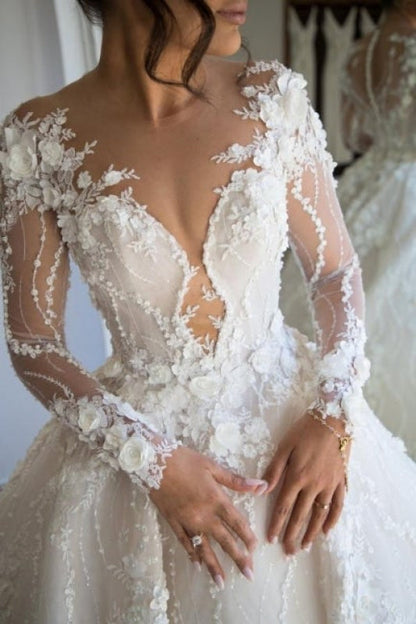 Luxury Long Sleeve Lace Wedding Dress | V-Neck Bridal Gown with Chapel Train