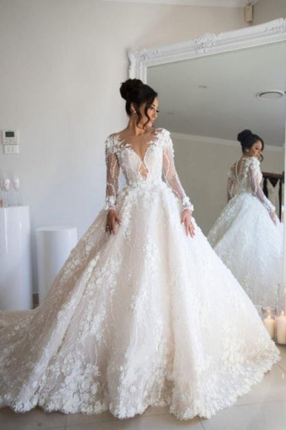 Luxury Long Sleeve Lace Wedding Dress | V-Neck Bridal Gown with Chapel Train
