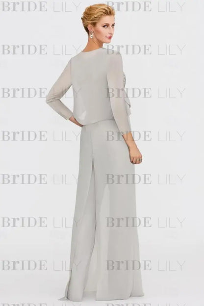 Long Sleeves Lace Appliques Chiffon Mother of Bride Dress Jumpsuit