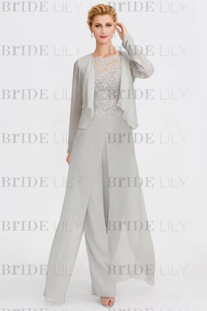 Long Sleeves Lace Appliques Chiffon Mother of Bride Dress Jumpsuit