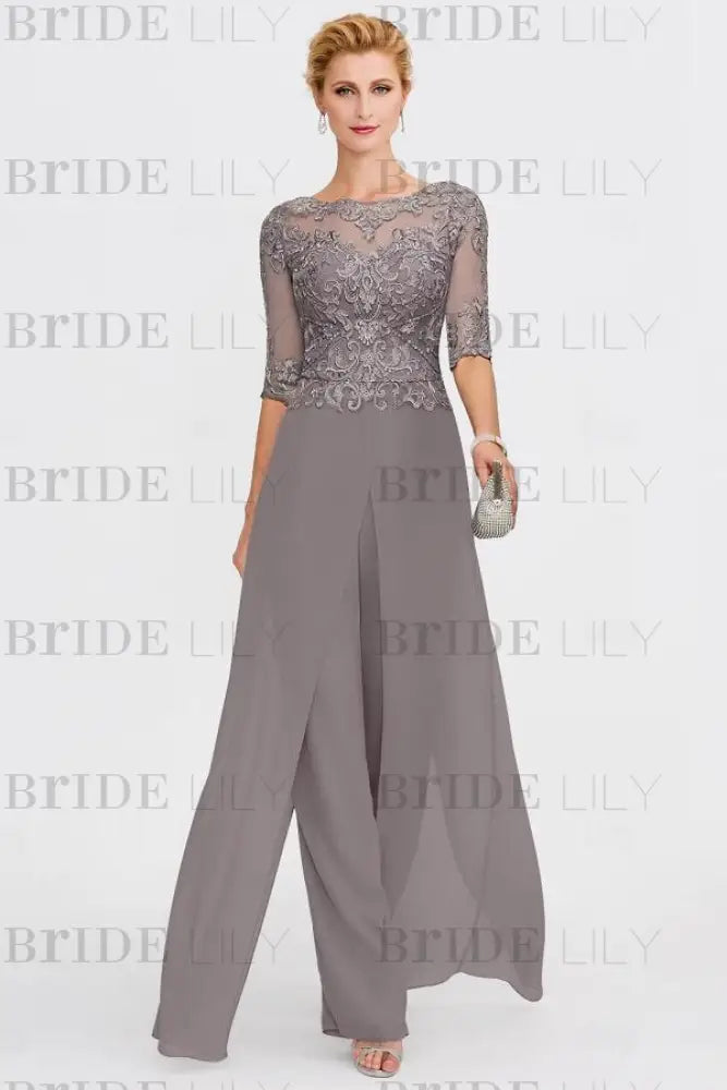 Long Sleeves Lace Appliques Chiffon Mother of Bride Dress Jumpsuit