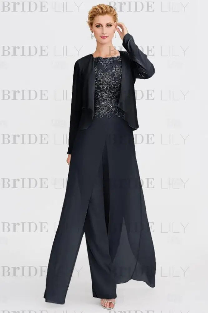 Long Sleeves Lace Appliques Chiffon Mother of Bride Dress Jumpsuit