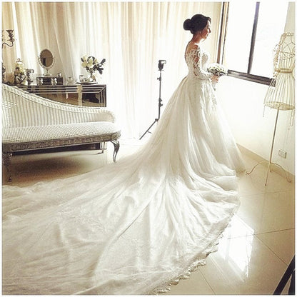 long sleeves lace ball gowns wedding dresses royal train