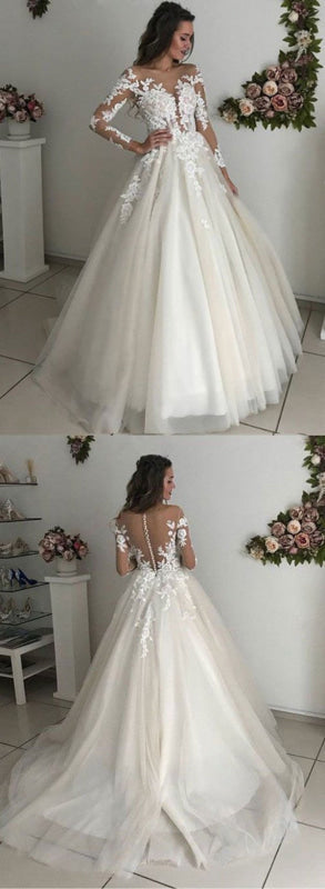 Long Sleeves Lace White Wedding Dresses Tulle Aline Bridal Gown