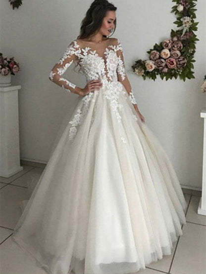 Long Sleeves Lace White Wedding Dresses Tulle Aline Bridal Gown