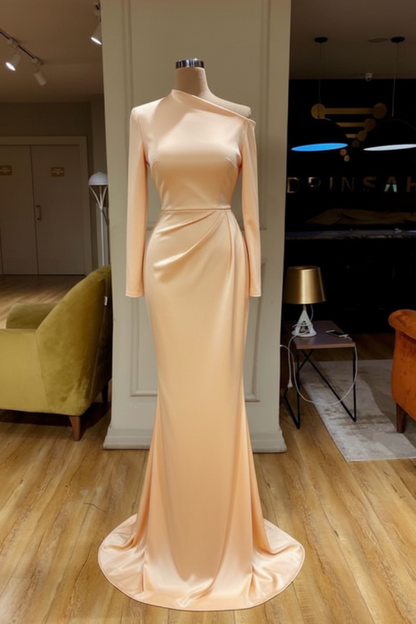 Long Sleeves Mermaid Prom Dress Satin Evening Dress White