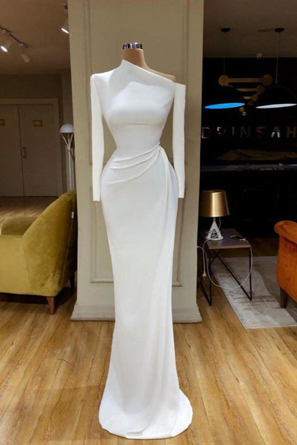 Long Sleeves Mermaid Prom Dress Satin Evening Dress White