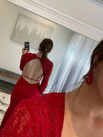 Long Sleeves Mermaid Red Lace Prom Dresses Beaded Evening Dresses