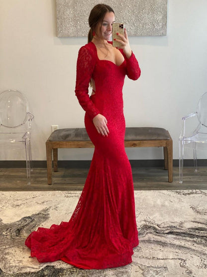 Long Sleeves Mermaid Red Lace Prom Dresses Beaded Evening Dresses