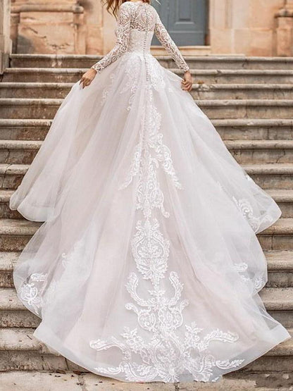 Long Sleeves White  A Line Wedding Dress with Appliques