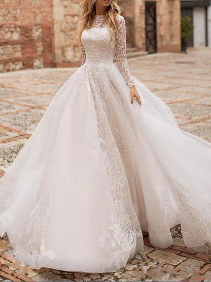 Long Sleeves White  A Line Wedding Dress with Appliques
