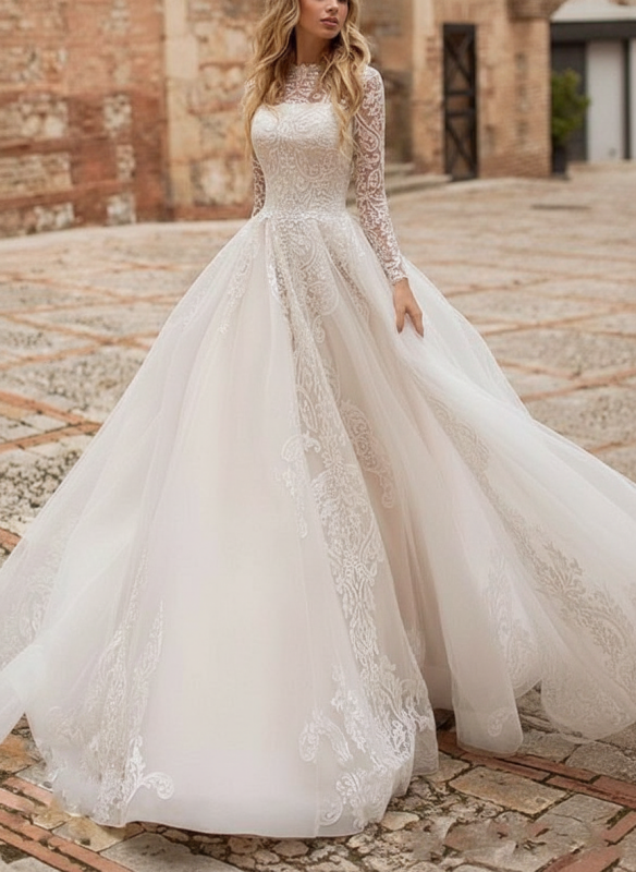 Long Sleeves White  A Line Wedding Dress with Appliques