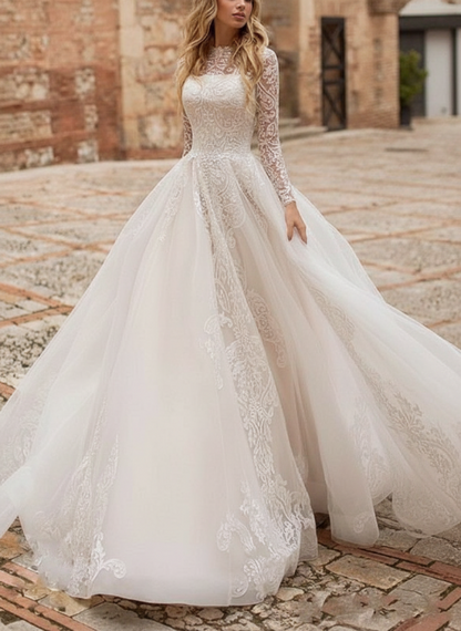 Long Sleeves White  A Line Wedding Dress with Appliques
