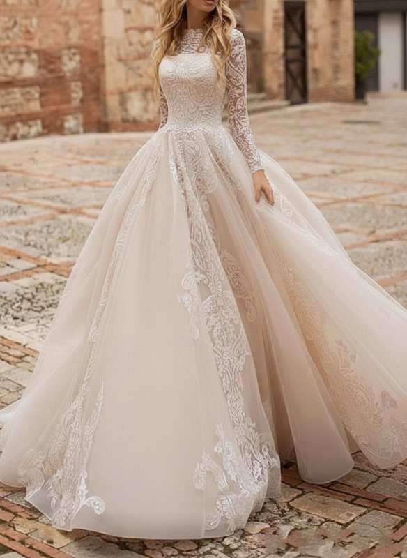 Long Sleeves White  A Line Wedding Dress with Appliques