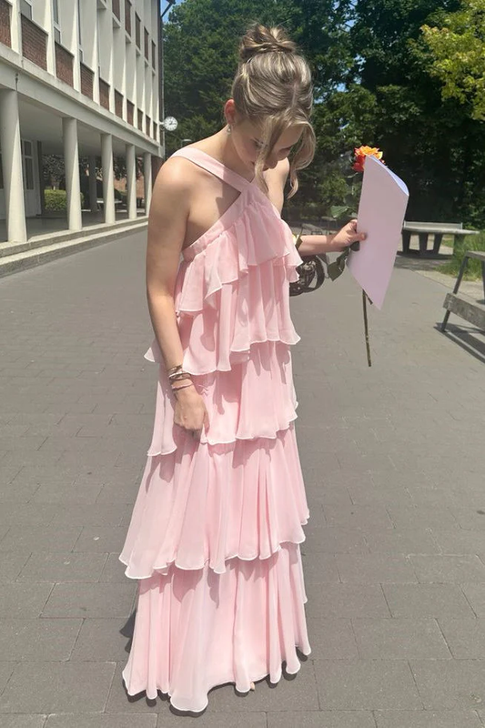 Pleated Pink Sleeveless Backless Tiered Ruffle Maxi Dress