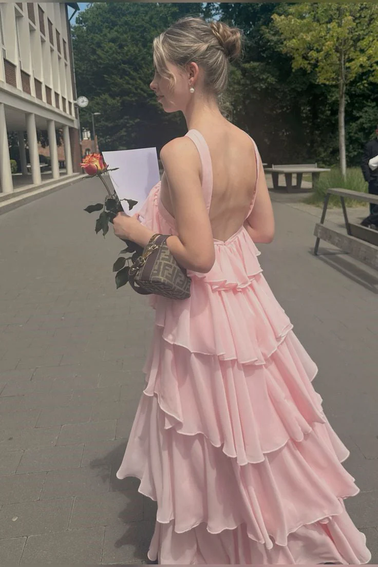 Pleated Pink Sleeveless Backless Tiered Ruffle Maxi Dress