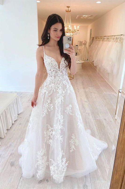 Long Tulle Lace Spaghetti-Straps A Line Wedding Dress