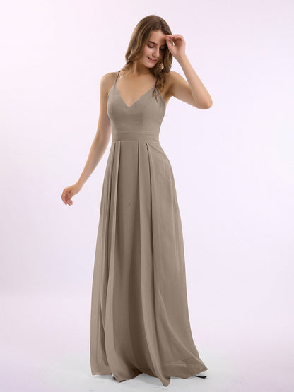 Spaghetti Strap V-neck Chiffon Gowns with Pocket-Taupe