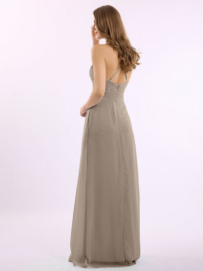Spaghetti Strap V-neck Chiffon Gowns with Pocket-Taupe