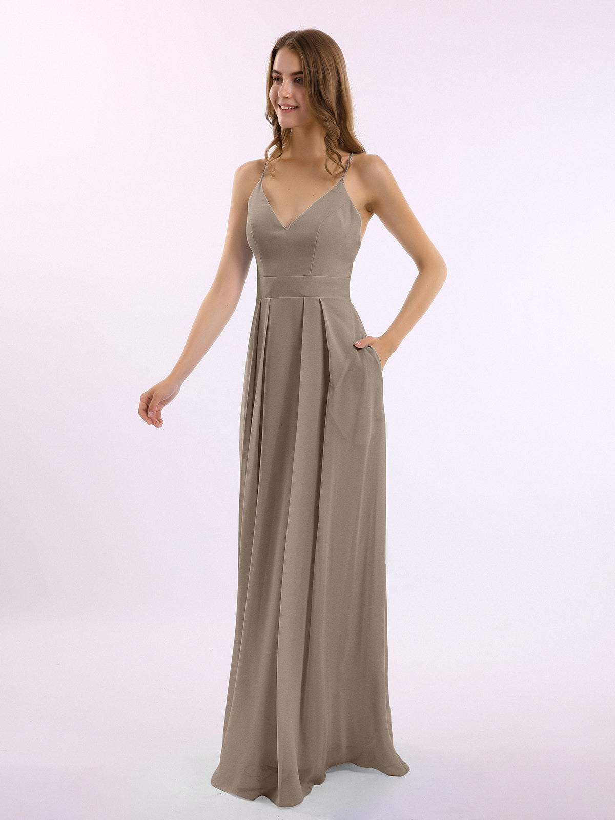 Spaghetti Strap V-neck Chiffon Gowns with Pocket-Taupe