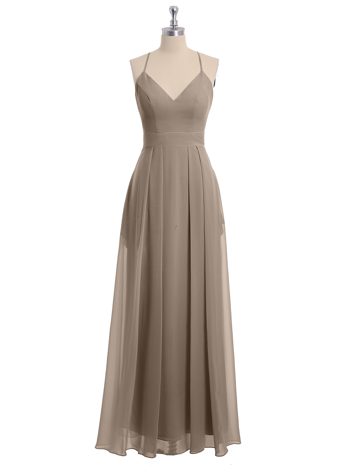 Spaghetti Strap V-neck Chiffon Gowns with Pocket-Taupe