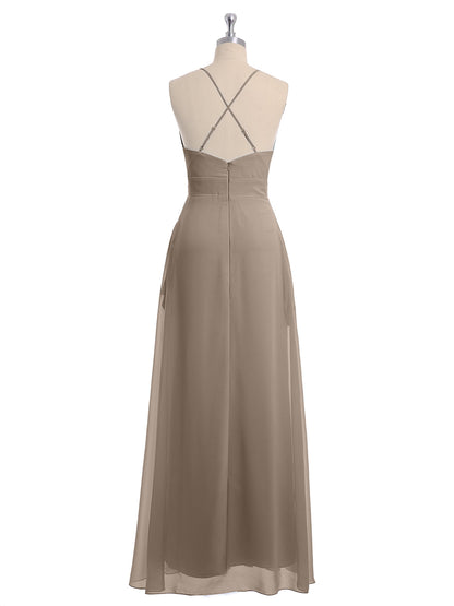 Spaghetti Strap V-neck Chiffon Gowns with Pocket-Taupe