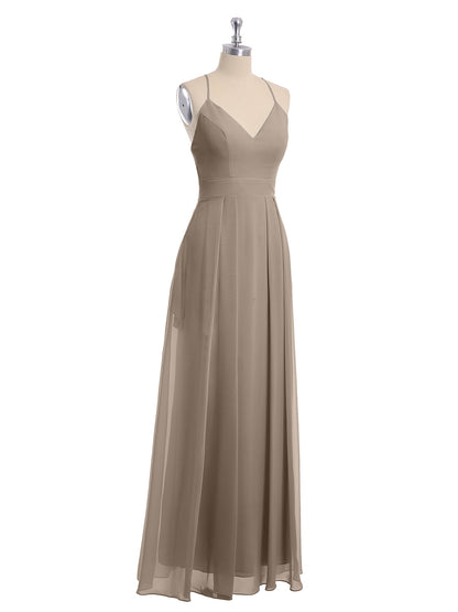 Spaghetti Strap V-neck Chiffon Gowns with Pocket-Taupe