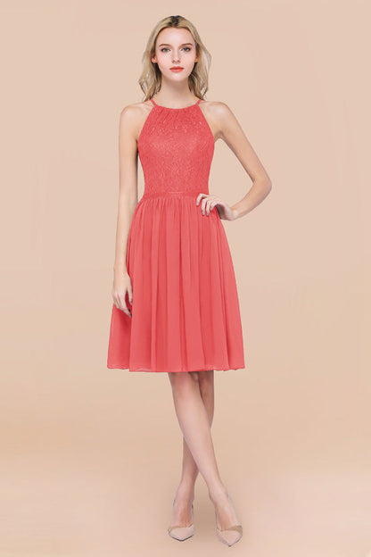 Lovely Floral Lace Halter Short Bridesmaid Dress