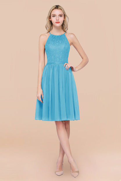 Lovely Floral Lace Halter Short Bridesmaid Dress
