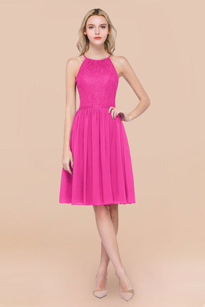 Lovely Floral Lace Halter Short Bridesmaid Dress