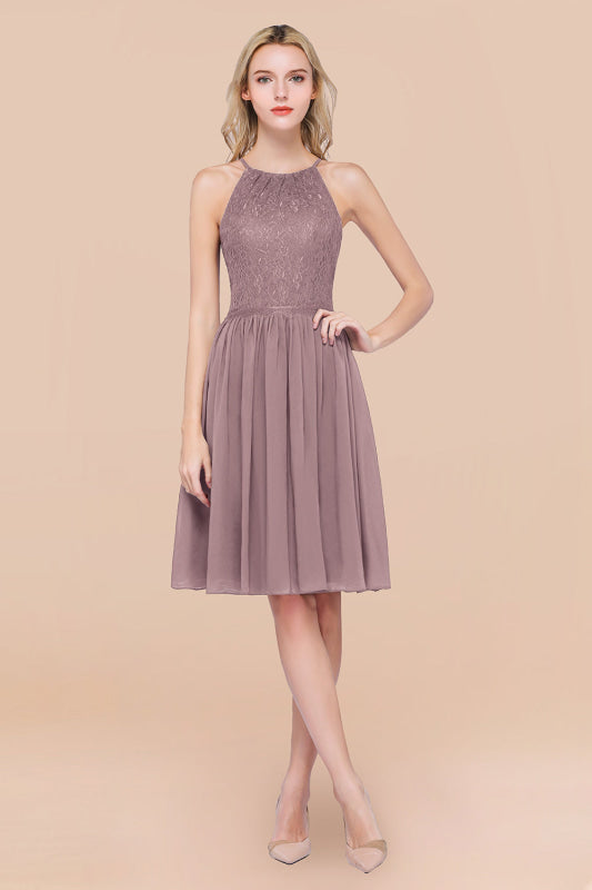Lovely Floral Lace Halter Short Bridesmaid Dress