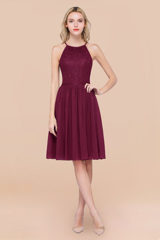Lovely Floral Lace Halter Short Bridesmaid Dress