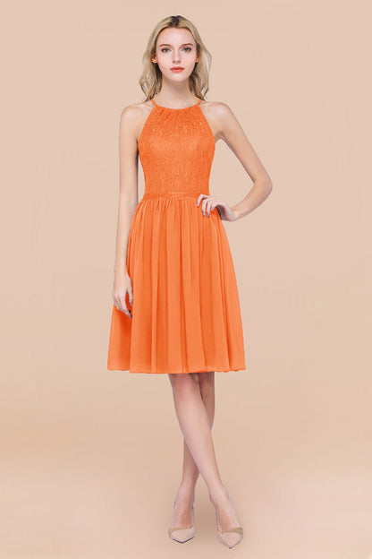Lovely Floral Lace Halter Short Bridesmaid Dress