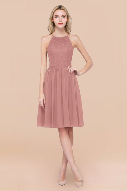 Lovely Floral Lace Halter Short Bridesmaid Dress