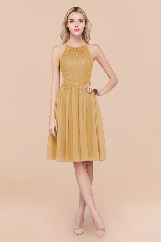 Lovely Floral Lace Halter Short Bridesmaid Dress