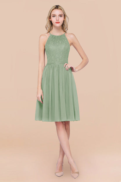 Lovely Floral Lace Halter Short Bridesmaid Dress